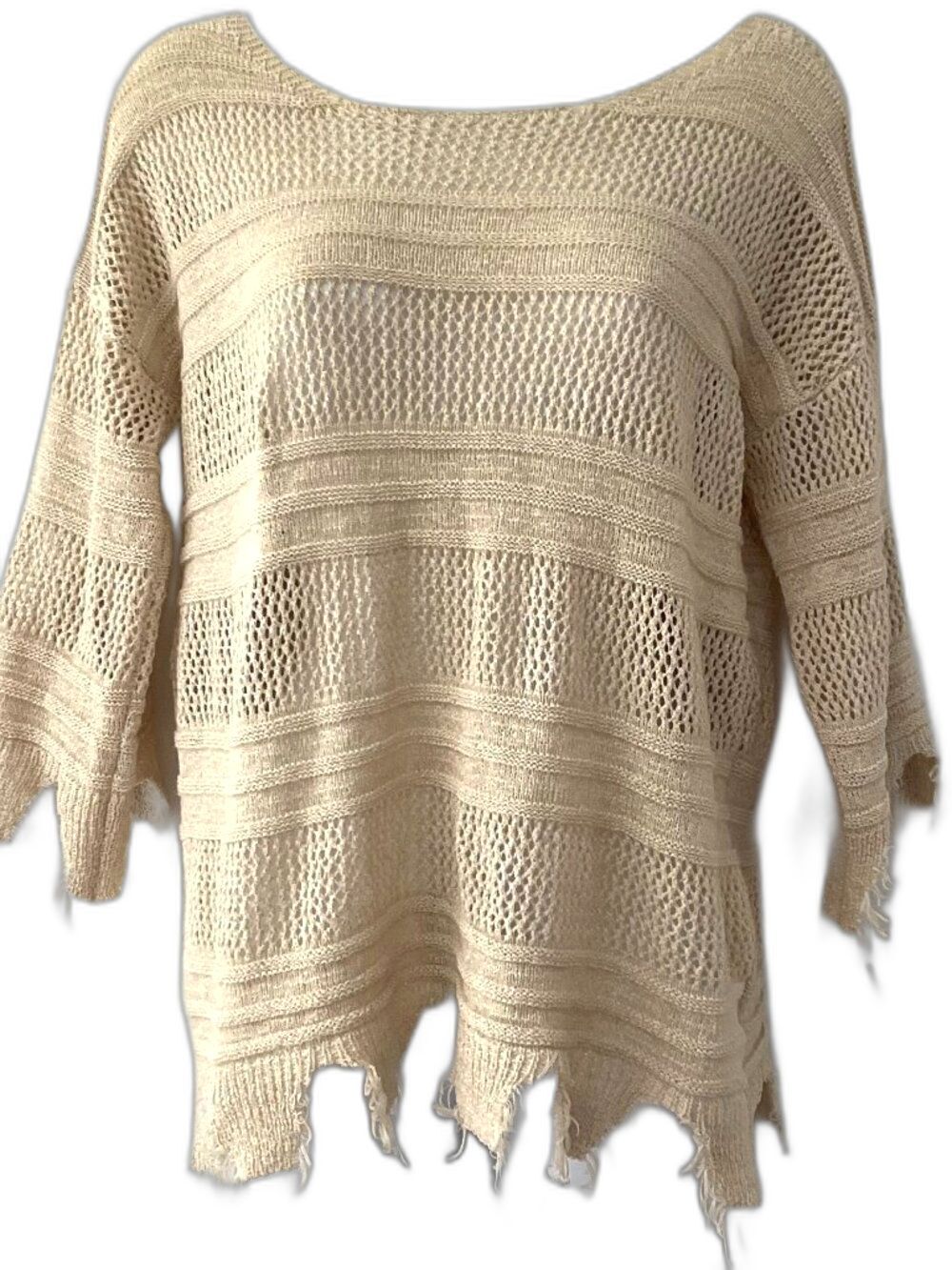 Chico's Open Knit Distressed Fringe Boho Overlay Sweater Sand Like New
